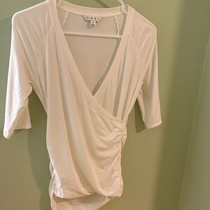 CAbi White Wrap Top, 3/4 sleeve, side ruching, Style 320